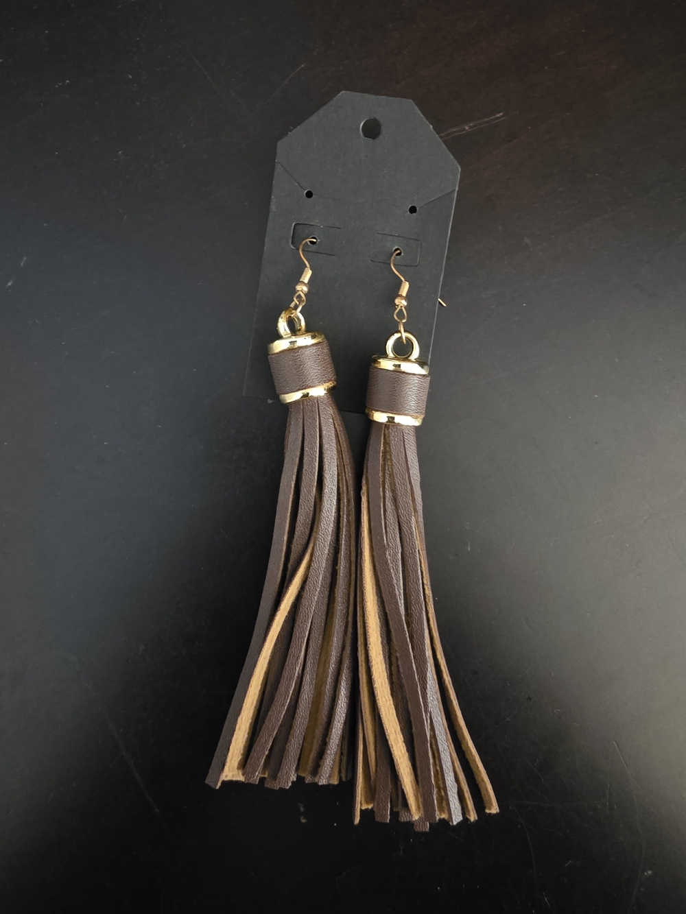 Faux Leather Brown Tassel Drop Earrings with Gold Accents